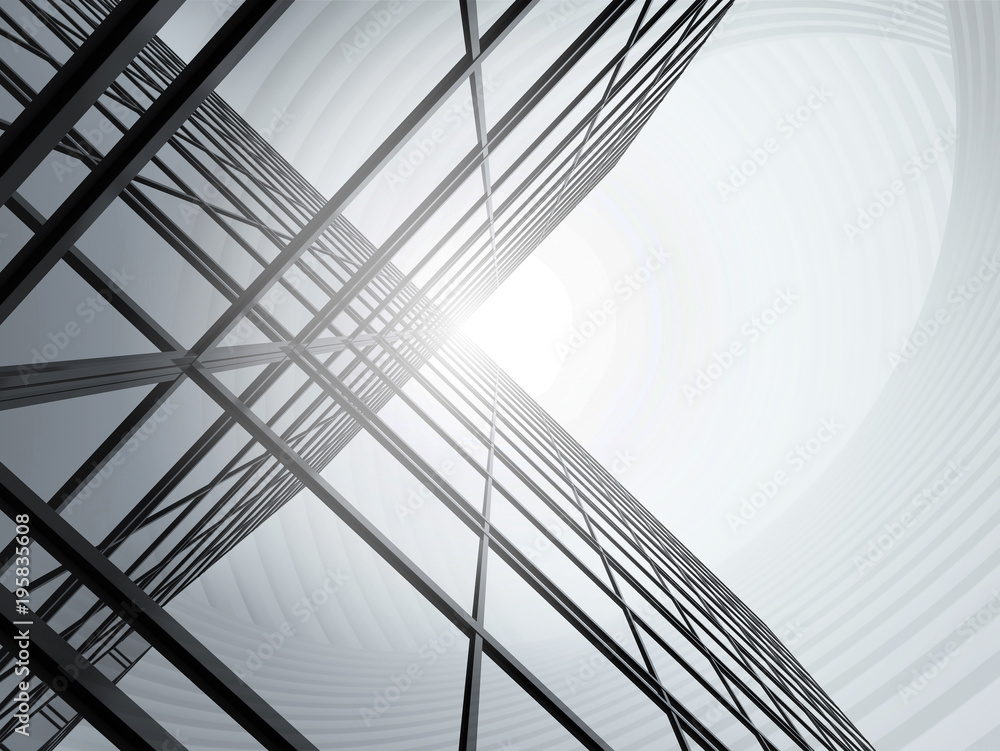 Poster 3d perspective stimulated of abstract high rise glass building and dark steel window system,concept 
