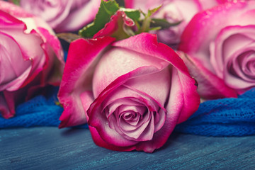 Bouquet of red roses on a blue