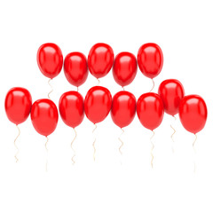 Red balloons arranged two row on the center with gold ribbons isolated on white background. 3D illustration of holidays, party, birthday balloons