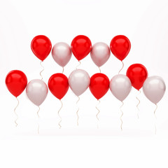 Red and white balloons arranged two row on the center with long golden rbbons isolated on white background. 3D illustration of holidays, party, birthday balloons