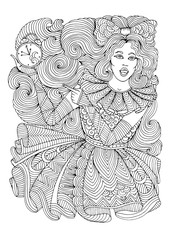 Vector glamorous young woman slowpoke is late on time, she shows finger on the her watch. Girl is late for a date. Pattern page for coloring book A4 size. Coloring book for adults. Zentangle drawing.