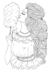 Vector hand drawn young girl with long wavy developing hair eating yummy large sweet cotton. Patterned page for coloring book A4 size. Isolated on white background