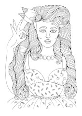 Vector hand drawn girl in pin-up style with long wavy hair In a vintage dress with cherries, shows sign OK. Patterned page A4 size for coloring pop art comic retro style