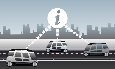 V2V - Vehicle to vehicle communication. Data exchange between self driving cars. Vector illustration
