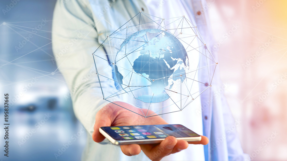 Poster businessman using smartphone with a connected network over a earth globe concept on a futuristic int