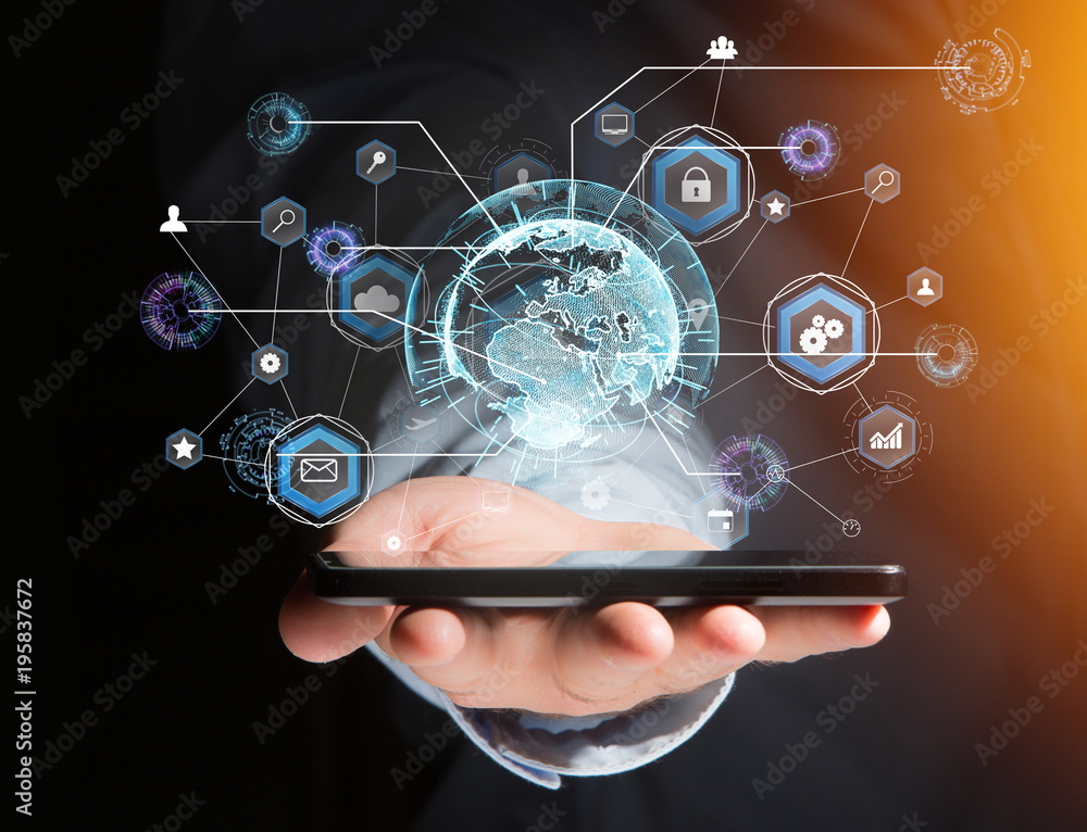 Poster international business network connection displayed on a futuristic interface with technology icon a