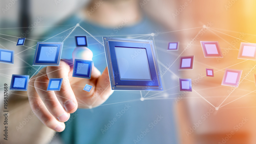 Poster processor chip and network connection - 3d render