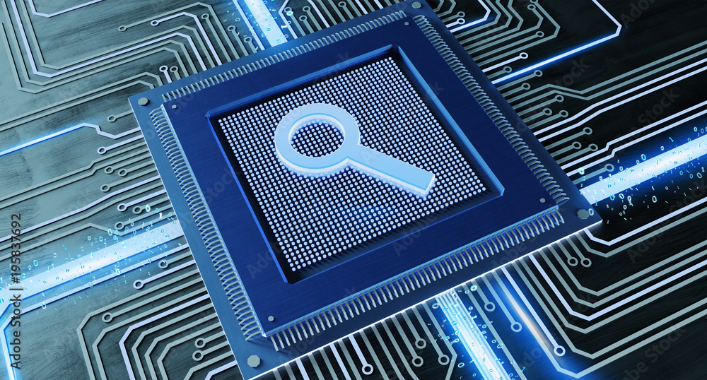 Poster cpu processor chip with a search request and network connection on a circuit board - 3d render