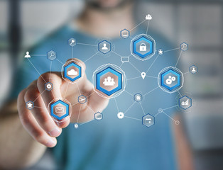 Business network connection displayed on a futuristic interface with technology icon - Worldwide business concept