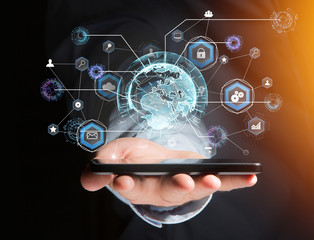 International business network connection displayed on a futuristic interface with technology icon and sphere globe - Worldwide business concept
