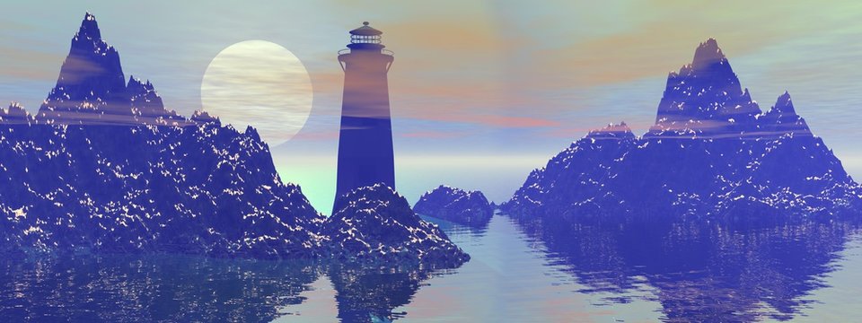 Lighthouse on the sea under sky - 3d rendering