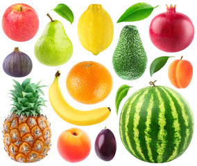 Isolated collection of fresh fruits. Apple, pear, lemon, orange, banana, pineapple, fig, peach, plum, avocado, pomegranate, apricot and watermelon isolated on white background with clipping path