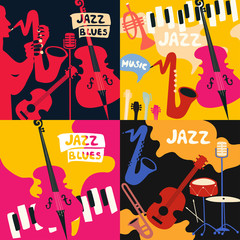 Fototapeta premium Set of music cards and banners. Music cards with instruments flat vector illustration. Jazz music festival banners. Colorful jazz concert posters