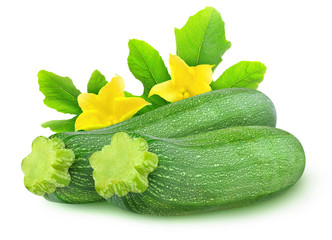 Isolated zucchini. Two whole zucchini with leaves and flowers isolated on white background with clipping path