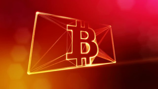 Sign of bitcoin in the card. Financial background made of glow particles as vitrtual hologram. Shiny 3D loop animation with depth of field, bokeh and copy space. Red color v2