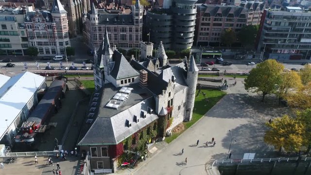 Aerial of medieval fortress in old city centre of Antwerp Belgium Het Steen built after the Viking incursions in early Middle Ages as first stone fortress of Antwerp it is Antwerps oldest building 4k