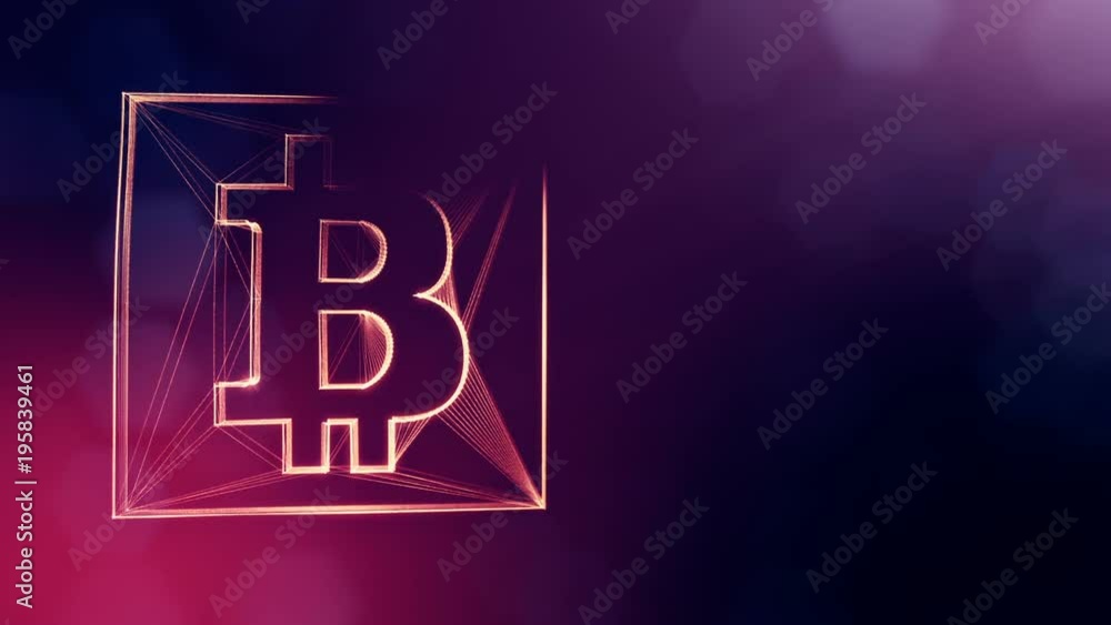 Aufkleber sign of bitcoin in a square card. financial background made of glow particles as vitrtual hologram. 