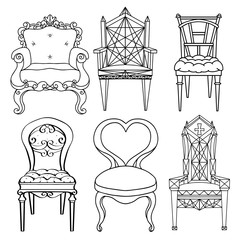 Furniture hand drawn set, vintage chair, armchair, throne - 195839430