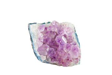 Macro shooting of natural gemstone. Mineral amethyst. Isolated object on a white background.