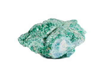Macro shooting of natural gemstone. Raw mineral fuchsite. Isolated object on a white background.