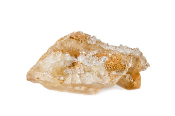 Macro shooting of natural gemstone. Raw mineral quartz. Isolated object on a white background.