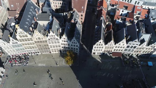 Aerial of Antwerp guildhalls or guild houses historically used by guilds for meetings and other purposes merchant guilds were reinvented during Europes Medieval period 4k high resolution footage