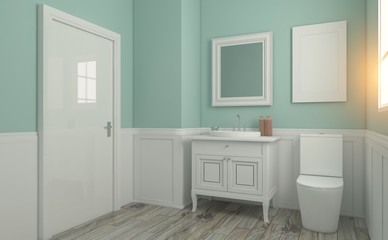 Modern bathroom with large window. Sunset.  Empty picture. 3D rendering. Sunset