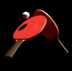 Two table tennis or ping pong rackets and ball isolated on black background 3d illustration