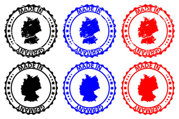 Made in Germany - rubber stamp - vector, Germany map pattern - black, blue and red