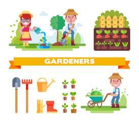 Couple of gardeners. Gardening stuff.  Woman holding a flower pot and watering can. Flat Vector illustration in a flat style