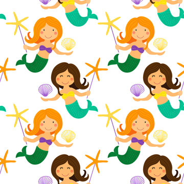 Cute childish hand drawn seamless pattern with cartoon character of little mermaid with sea starfish and shell