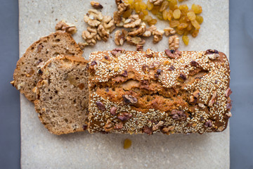 Vegetarian cake with raisins, walnuts and honey
