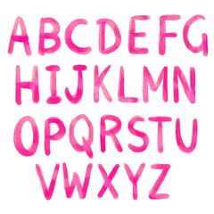 Hand drawn watercolor pink alphabet, sketch font, letters