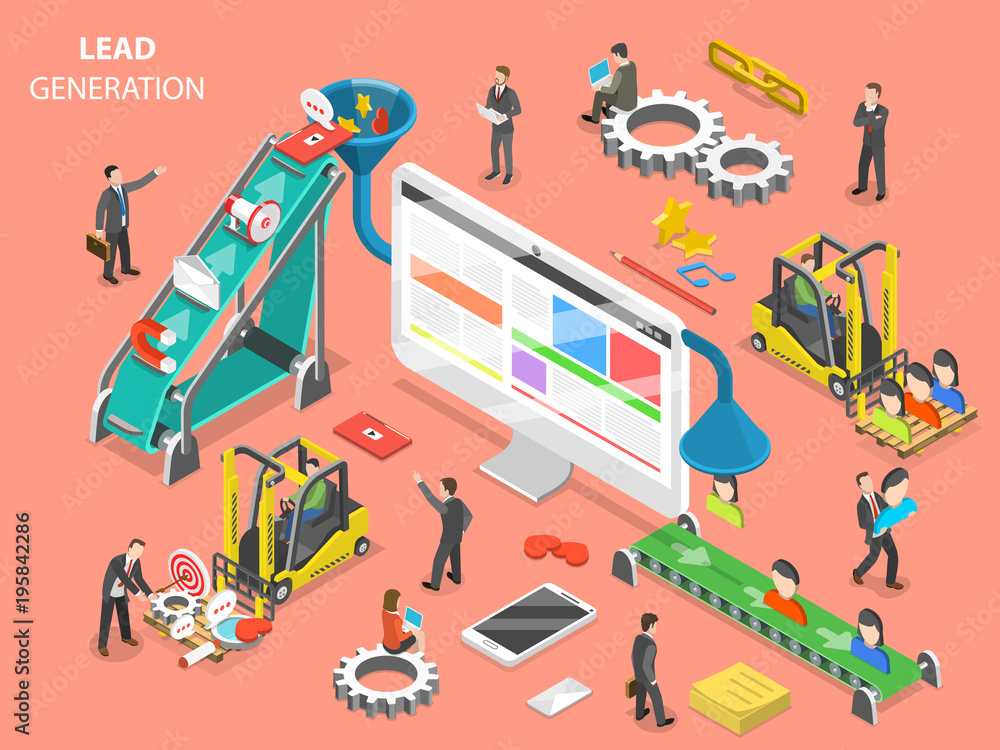 Aufkleber lead generation flat isometric vector concept. people are loading digital marketing attributes into 