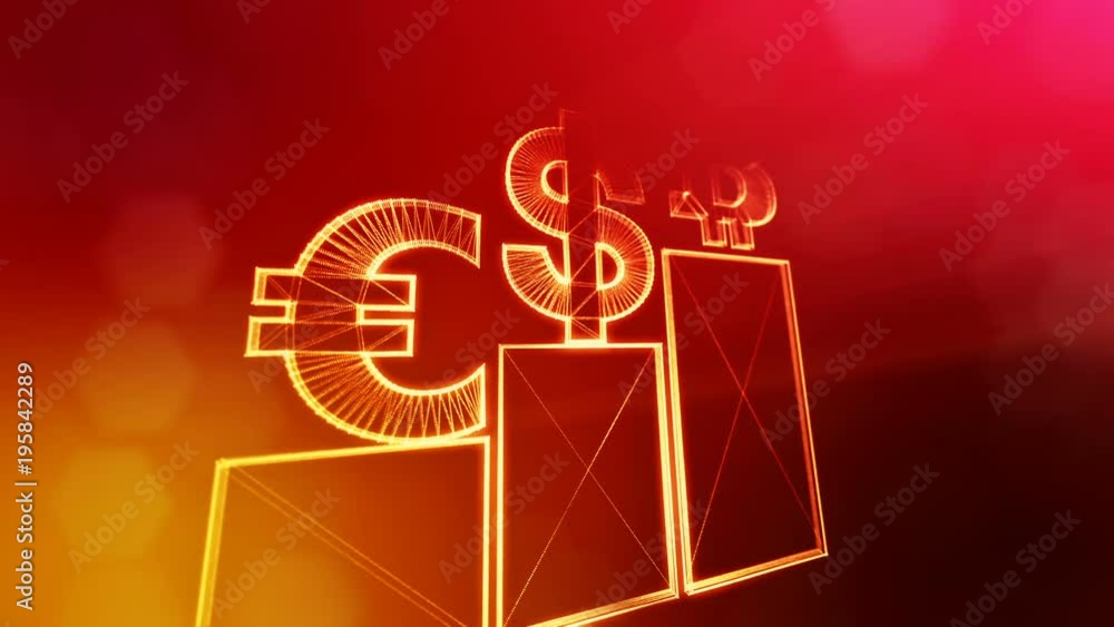 Aufkleber signs of bitcoin dollar and euro on columns. financial background made of glow particles as vitrtual