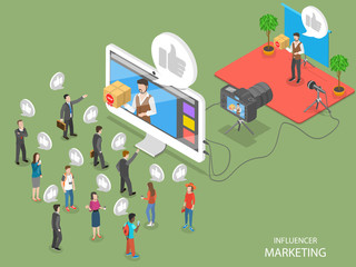 Influencer marketing flat isometric vector concept. Video blogger is representing a new product for its audience throw video post on its page.
