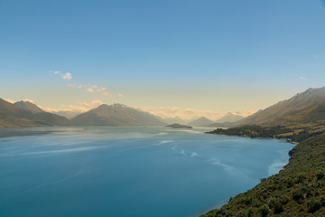 Wanaka Lake blue colour high view, New Zealand natural landscape background
