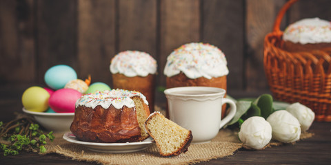 Easter cake and Easter eggs (traditional decoration and attributes). Happy easter!