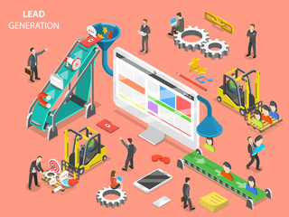 Lead generation flat isometric vector concept. People are loading digital marketing attributes into a funnel from one side and getting a new leads from other side.