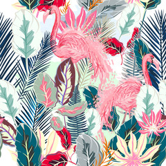 Fototapety  Moda tropikalny wektor artystyczny wzór z różowym flamingiem i tropikalnymi liśćmi