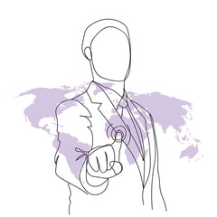 Business Man Doodle Work With Futuristic Digital Screen Press Button Over World Map Hand Drawn Vector Illustration