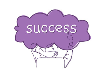 Back Rear View Of Successful Business Man Sitting IN Office Chair Point Finger At Success Word Doodle Vector Illustration