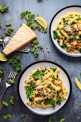 Homemade Pasta fusilli with Chicken, Green Kale, Garlic, lemon and parmesan cheese. healthy home...