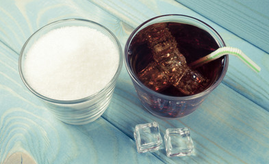 Carbonated drink with ice. The concept of sugar content in sweetened beverages.