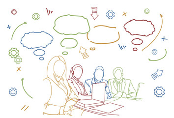 Business People Team Sit At Desk Together Communication Discussion Or Brainstorming Meeting Doodle Vector Illustration