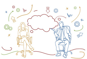 Doodle Business Man And Woman Sitting In Office Chair Thinking Or Having Rest Vector Illustration