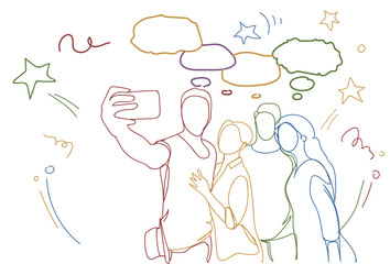 Group Of People Friends Taking Selfie Photo Doodle Men And Women Make Self Portrait On Smart Phone Embracing Vector Illustration