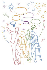 Group Of Friends Taking Selfie Doodle Men And Women Make Self Portrait On Smart Phone Together Vector Illustration