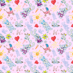 seamless pattern childrens illustration of set of element for design, bunnies flowers hearts sun pink background