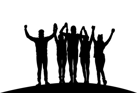 Group Of Businesspeople Holding Raised Hands Happy Successful Team Black Silhouettes Vector Illustration